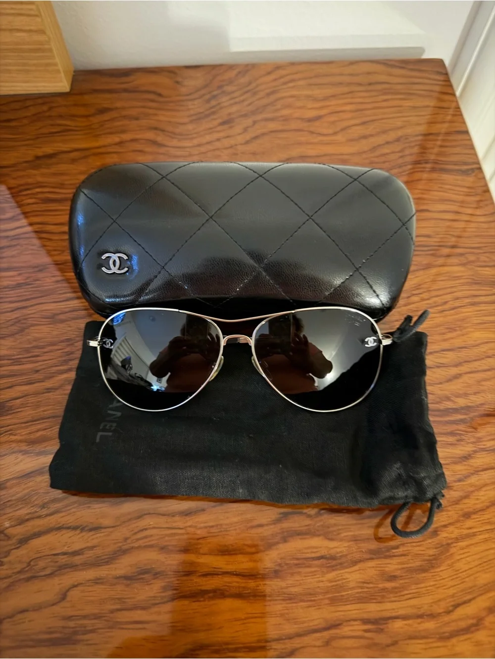 CHANEL Silver Frame Black Lens Aviator Sunglasses